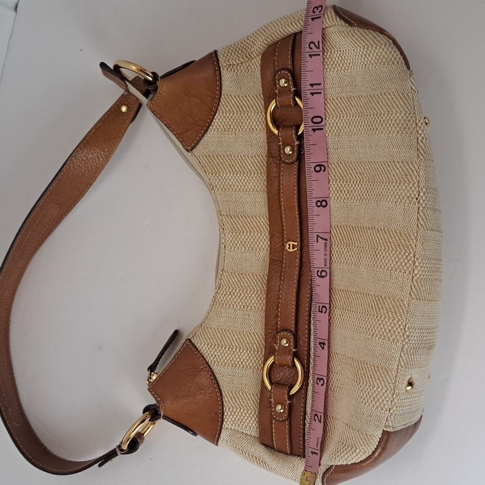 Etienne Aigner Leather And Woven Fabric Shoulder Bag Gold Metal Ring Accents - Picture 14 of 16